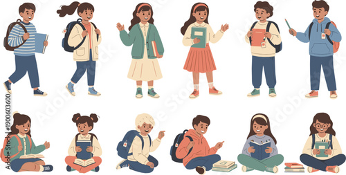 Diverse students studying and reading books with backpacks, modern school and college learning lifestyle, education and knowledge concept, colorful flat vector illustration set