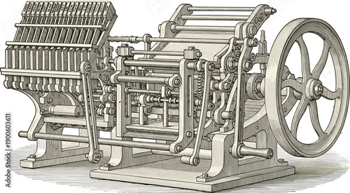 Vintage industrial textile machine illustration, detailed mechanical weaving loom with flywheel, retro engraving style factory equipment, historical manufacturing technology artwork