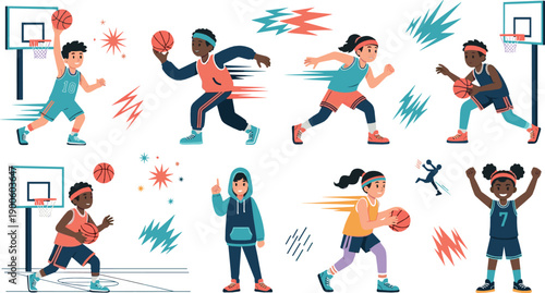 Dynamic Basketball Players Illustration Set with Diverse Kids Dribbling, Shooting, Running, and Celebrating Action Sports Moments for Youth Athletic Designs