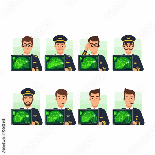 Various male airline pilots and air traffic control officers holding radar screens, showing different aviator avatars and uniforms.