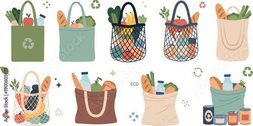 Eco Friendly Grocery Shopping Illustration Set with Reusable Tote and Mesh Bags, Fresh Vegetables, Bread, Bottles, and Sustainable Zero Waste Lifestyle Elements