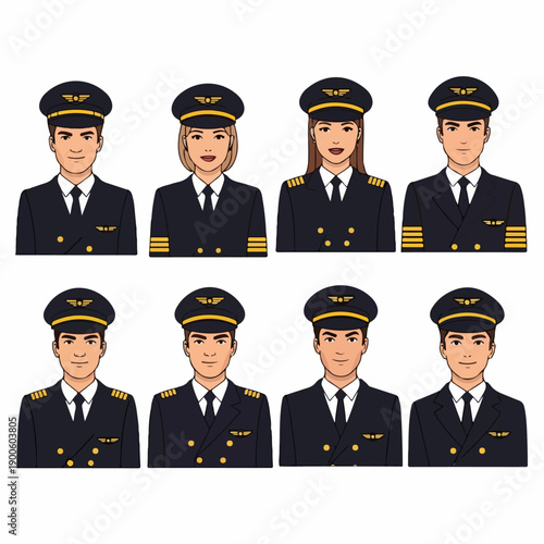 Set of eight professional airline pilot avatars, including male and female captains and officers, wearing full uniform and caps.