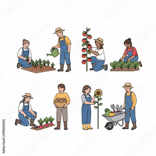Set of diverse gardeners and farmers harvesting, watering, and tending crops like tomatoes, carrots, and radishes in a vegetable garden, hand-drawn illustration.