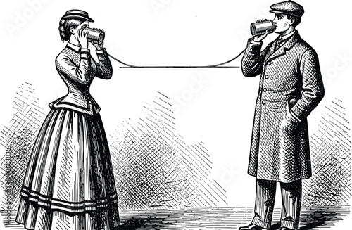 Vintage tin can telephone illustration, Victorian era communication concept, man and woman talking 