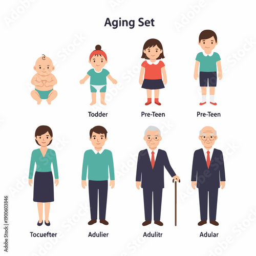Vector illustration set depicting the complete human life cycle and aging process, from infancy through adulthood to old age.