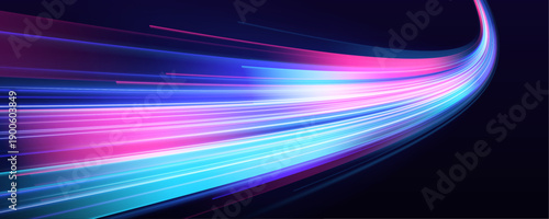 Electric blue and pink neon streaks flow along the highway, creating glowing curved trails. Motion blur and luminous effects highlight speed, dynamic energy, and futuristic movement. Perfect for digit