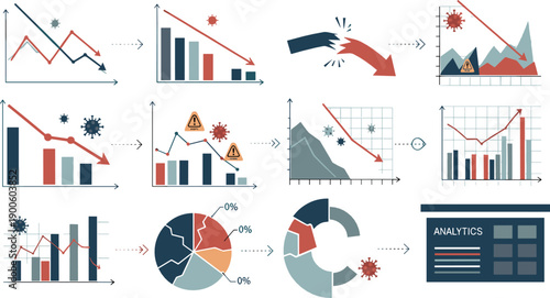 Economic recession and data analysis icon set with charts, graphs, statistics and warning symbols, modern flat vector illustration for finance and business analytics design