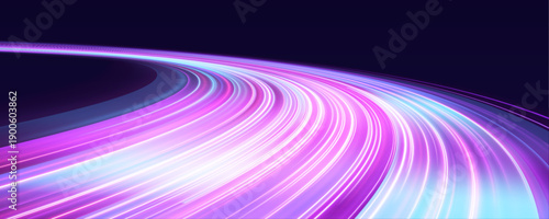 Vibrant pink streaks illuminate the night road with flowing neon trails and glowing curves. Motion blur and light streaks convey high-speed motion and dynamic energy. Ideal for racing or digital visua