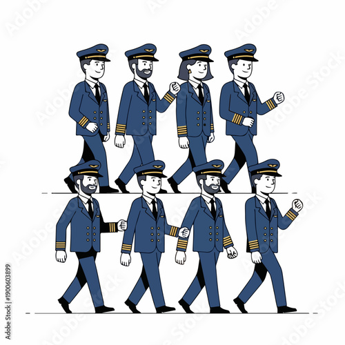 Professional crew of airline pilots walking together in blue uniforms, representing teamwork and aviation careers.