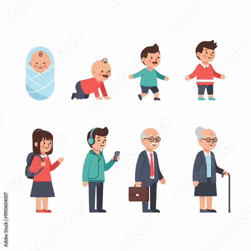 The complete cycle of human life, illustrating different ages and stages from newborn baby to elderly senior citizens in flat vector style.