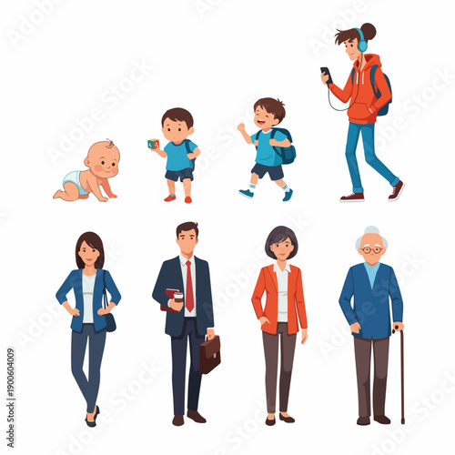 Human life stages set: development from infant and child to teenager, adult professionals, and aging senior citizen, illustrating the lifespan.