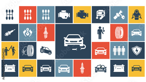 Large collage of various car service and automotive repair icons in colorful squares for professional garage marketing.