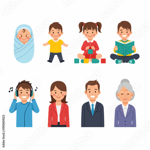 Human life stages and generations vector illustration set, featuring baby, children, teenagers, adults, and senior people in diverse activities.