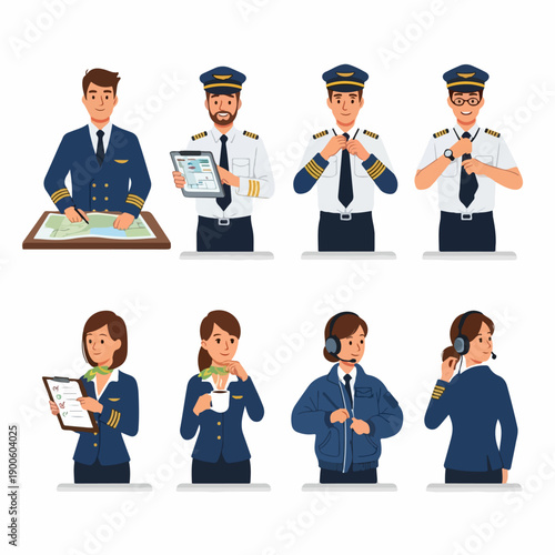 Professional Aviation Crew Character Set: Diverse Male Pilots and Female Airline Staff in Uniform Poses on White Background.