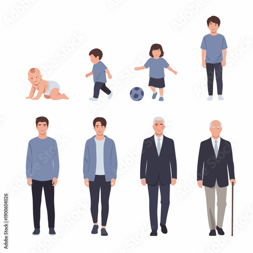 Vector illustration showing the stages of male human life development from babyhood and childhood through adulthood to elderly senior age.