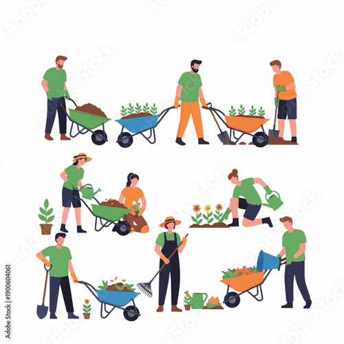 Flat design illustration set of people gardening, planting flowers, and doing yard work with wheelbarrows and tools.