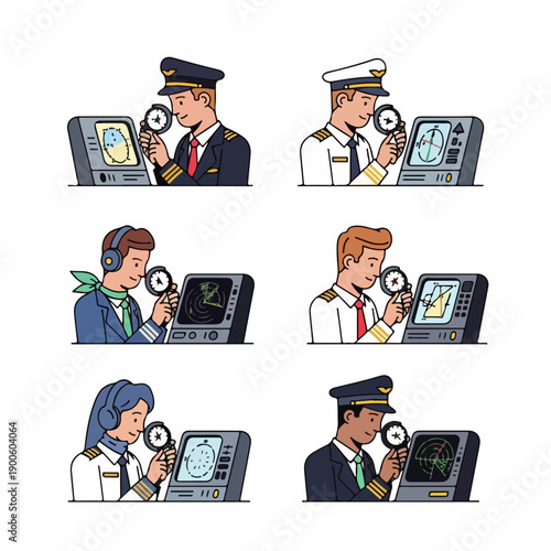 Diverse Aviation Crew Examining Cockpit Instruments and Radar Screens.