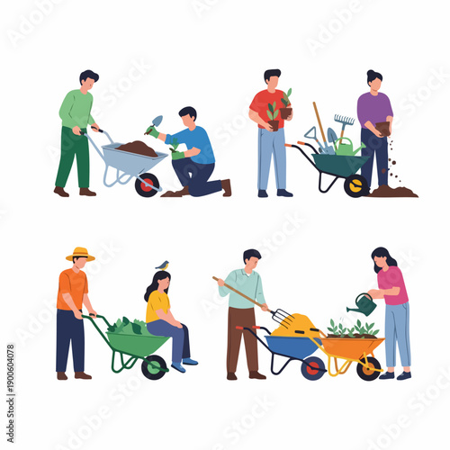 Flat vector set illustrating various people gardening, including planting, digging, watering plants, and utilizing wheelbarrows and essential horticultural tools.