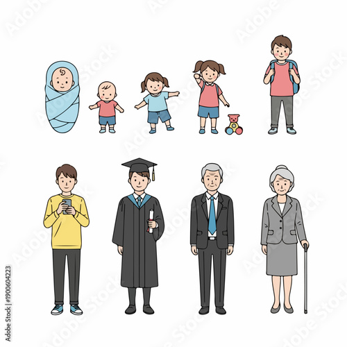 Illustrations depicting human life stages from infancy, childhood, student years, graduation, young adult, and elderly age.