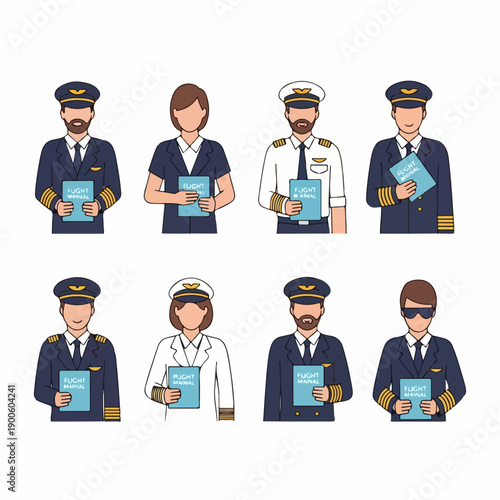 A set of diverse airline pilots and co-pilots, both male and female, in uniform holding flight manuals, isolated vector illustration.