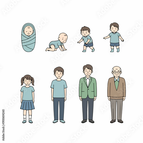 A simplified illustration of the human lifespan showing growth and aging from newborn baby and childhood through adult and elderly stages.