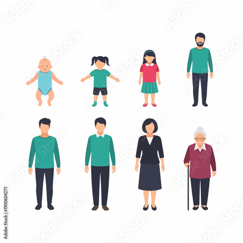 Flat vector illustration set depicting the human life cycle and generations, from baby to elderly person, showing diverse ages and genders.