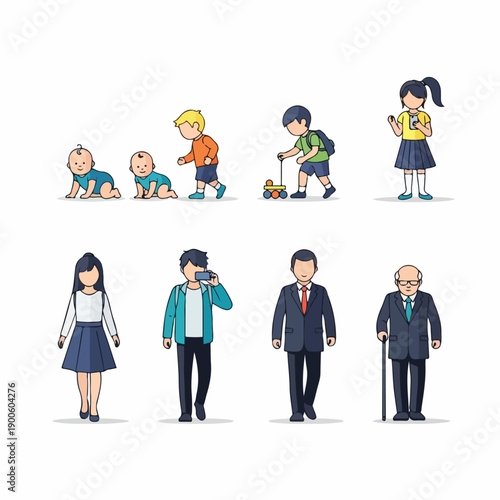 Conceptual illustration of the human life cycle stages from infant and child development to mature senior adult.