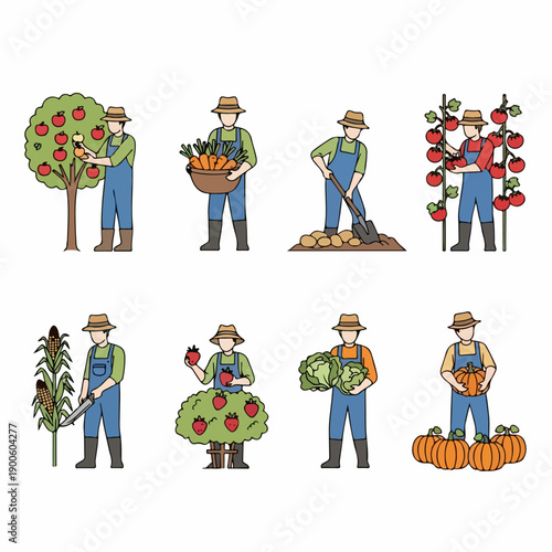 Farmers Harvesting Various Crops Icon Set: Illustrations of Agricultural Workers Picking Apples, Carrots, Potatoes, Tomatoes, Corn, Strawberries, Cabbage, and Pumpkins.