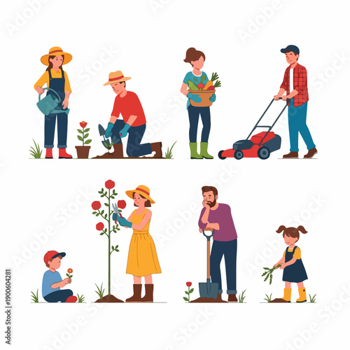 Diverse people gardening set: planting, harvesting vegetables, pruning flowers, and mowing the lawn, representing outdoor spring and summer hobbies.