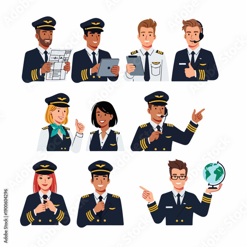 Diverse group of male and female aircraft pilots and flight crew avatars in uniform, smiling and working, set on a white background.