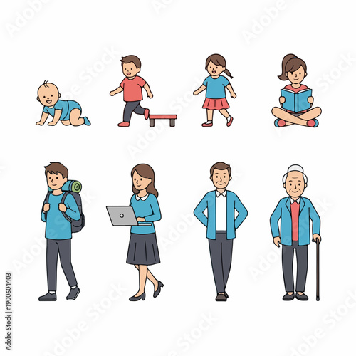 Illustrated human lifecycle stages set, showing people from infancy and childhood through youth, adulthood, middle age, and senior years.