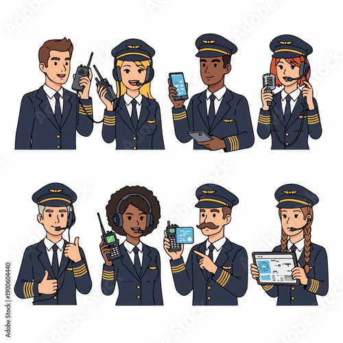 Diverse Group of Commercial Pilots and Air Crew Holding Communication Devices and EFB Tablets, Flat Cartoon Style Vector Illustration Set