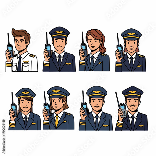 Diverse airline pilots avatars in uniform, male and female aviators holding communication radios.