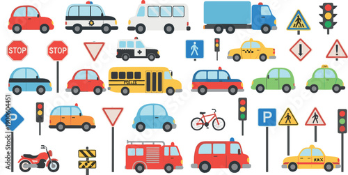 Flat Traffic and Transportation Icon Set with Cars, Buses, Trucks, Road Signs, Signals, and Vehicles for Urban Mobility Designs