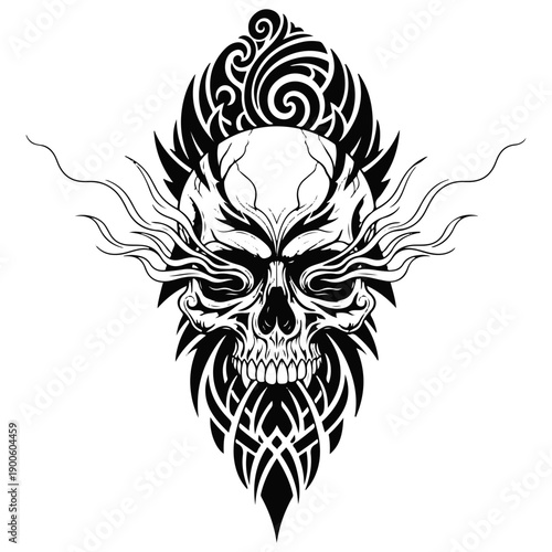 Tribal Skull with Ornamental Flames and Swirls tattoo design