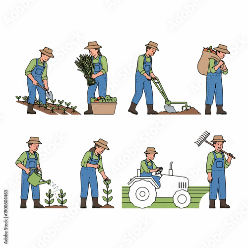 Farmers performing various essential agricultural tasks: planting, watering, tilling, harvesting, and operating farm machinery.