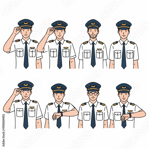 Set of eight male pilot cartoon characters in uniform showing various poses like saluting and checking time, isolated on white background.
