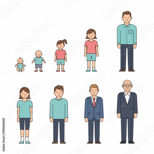 Vector illustration of human life cycle stages from baby to senior adult, showing development and generations.