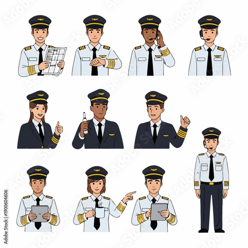 Diverse set of cartoon airline pilot characters performing job actions like checking charts, using tablets, and communicating, isolated on white.