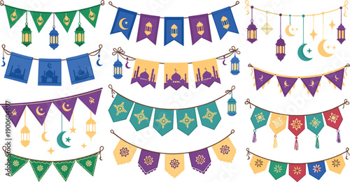 Islamic Ramadan and Eid Decorative Bunting Illustration Set with Colorful Flags, Lanterns, Crescent Moon, Stars, and Festive Hanging Ornaments