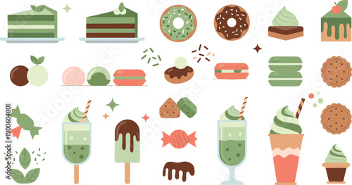 Matcha Dessert Illustration Set with Green Tea Cakes, Donuts, Macarons, Ice Cream, Cookies, Drinks, and Elegant Sweet Treat Icons