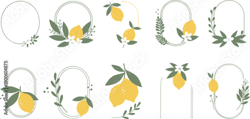 Minimal lemon frame and wreath set with citrus fruits and botanical leaves, modern elegant flat vector illustration for labels, invitations, packaging and branding design