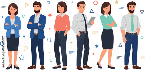 Modern business people character set with men and women in smart casual outfits, professional poses, flat vector illustration for corporate and office design