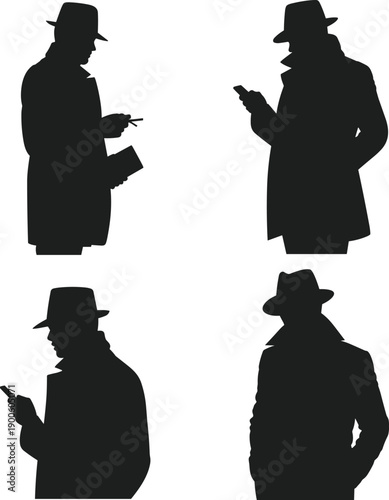 Detective man silhouette illustration set, secret agent spy characters, mystery investigation poses, noir style black vector collection