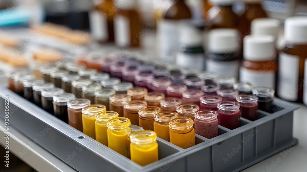Obraz premium Rows of small glass jars filled with colorful samples and pigments in a laboratory tray