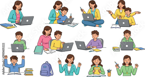 Mother and child studying together with laptops and books at home, online learning and homeschooling support, family education and parenting concept, flat vector illustration set