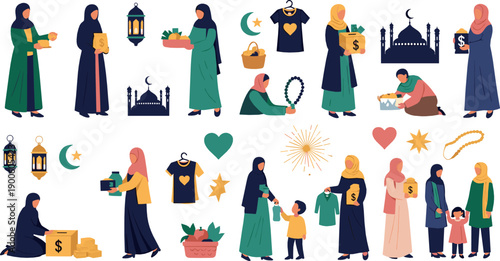 Muslim Charity and Community Illustration Set with Women Giving Zakat, Donations, Food, Clothes, and Helping Families during Ramadan and Islamic Holidays