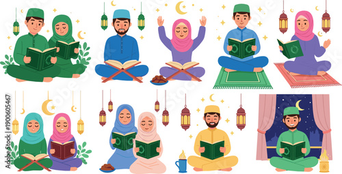 Muslim family and individuals reading Quran together, Islamic prayer and learning moments, Ramadan and spiritual devotion concept, warm flat vector illustration set