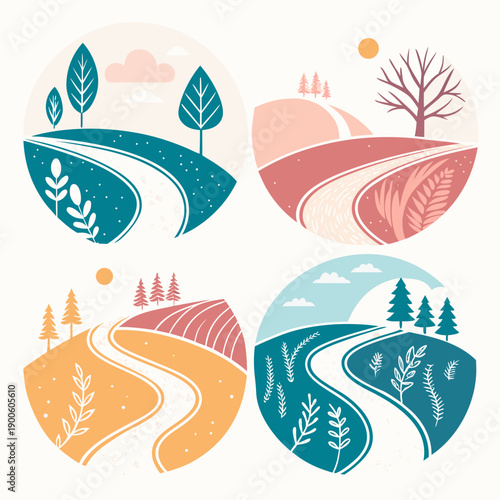 Scenic landscape illustration featuring rolling hills, trees, and winding roads in a stylized circular composition with varied colors and abstract elements