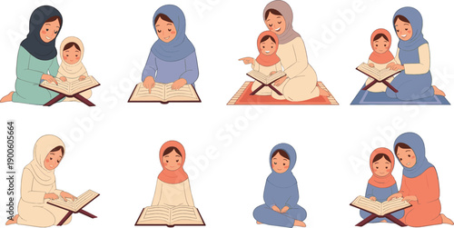 Muslim mother teaching child reading Quran, Islamic family education and learning moments, modest clothing and faith concept, warm flat vector illustration set